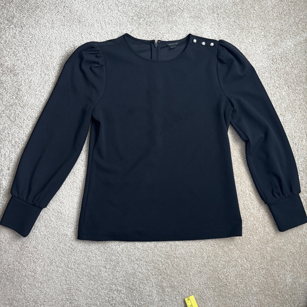 Ann Taylor Black Long-Sleeve Button-Accent Blouse